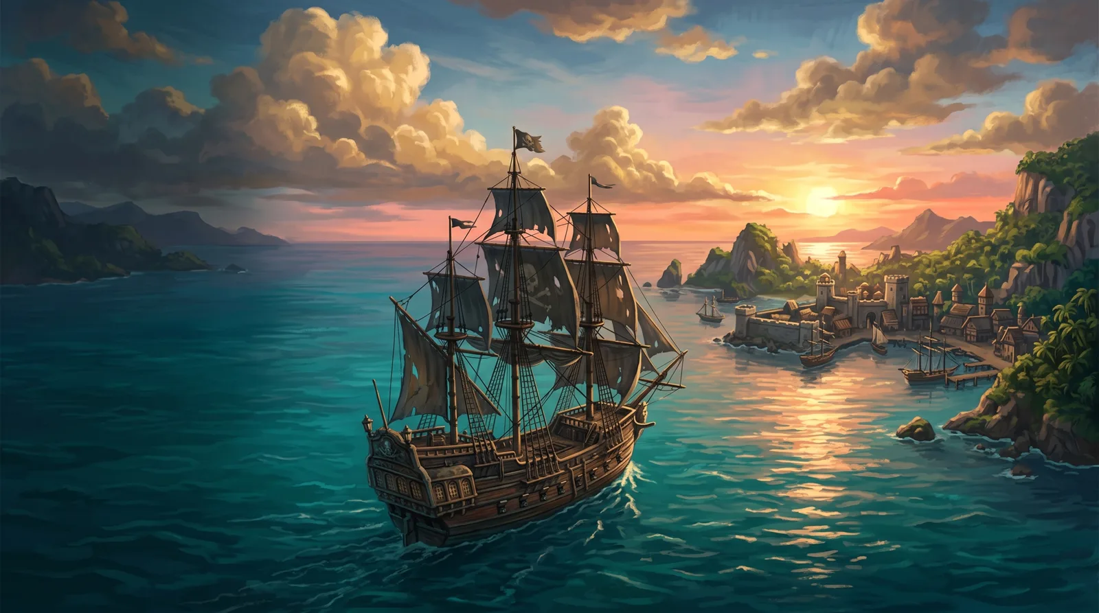 Arte da tela inicial do Super-Pirate: um galeão pirata no mar ao pôr do sol, com uma vila portuária ao fundo